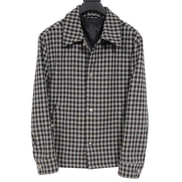 Ami Mens Gingham Button Snap Jacket Small Grey Black Wool Collared Lined Coat